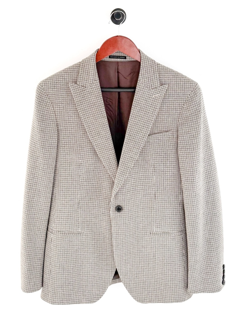 NEW Reiss Men's Plaid Cotton - Wool Houndstooth Blazer Beige Brown 38R Jacket